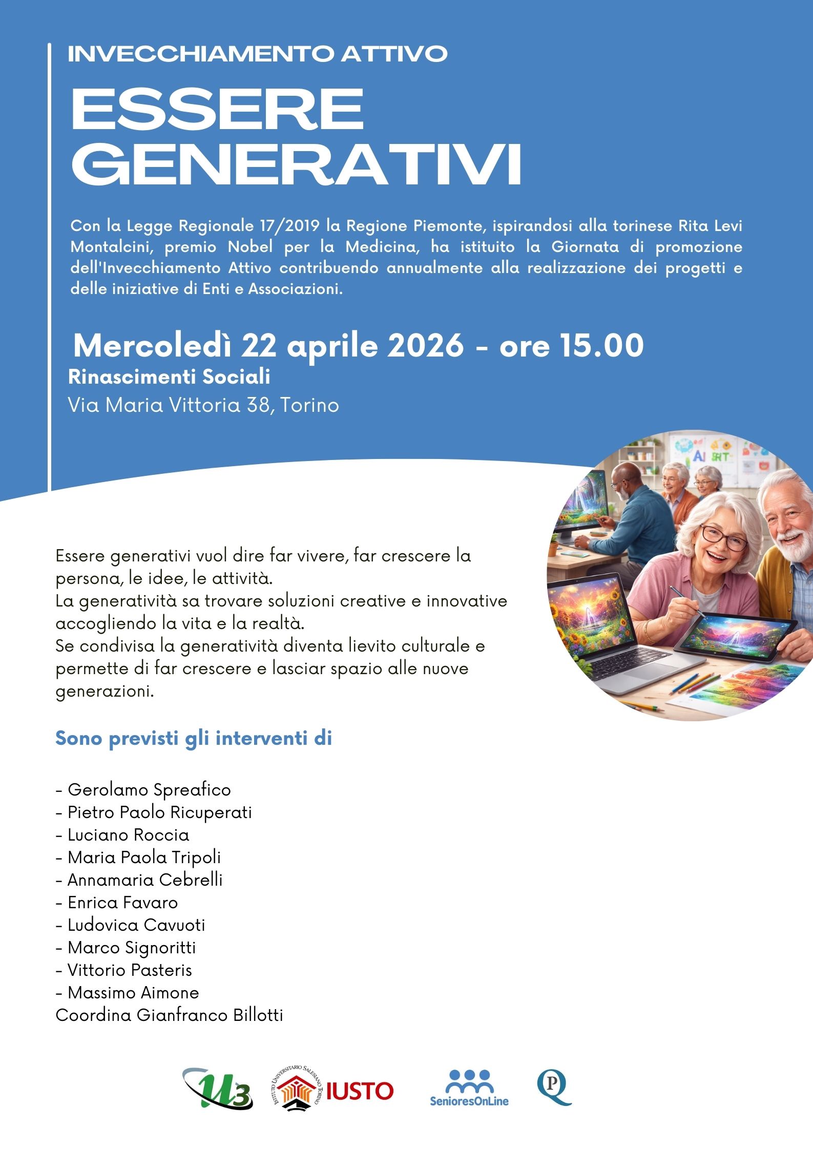 La Giornata regionale dell’invecchiamento attivo 2026 del Piemonte il 22 aprile presso Rinascimenti Sociali a Torino