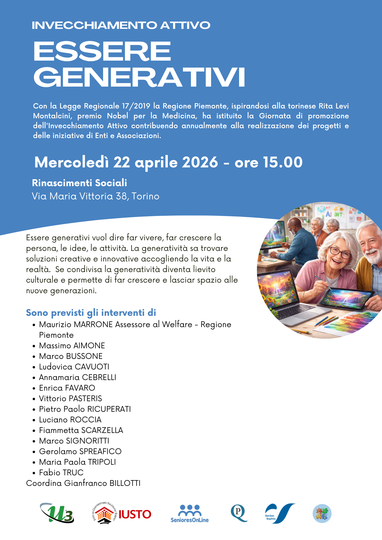 La Giornata regionale dell’invecchiamento attivo 2026 del Piemonte il 22 aprile presso Rinascimenti Sociali a Torino